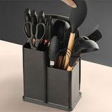 Kit 19 Peças De Cozinha Preto Silicone E Madeira Colheres Facas E Tábua De Corte Preto