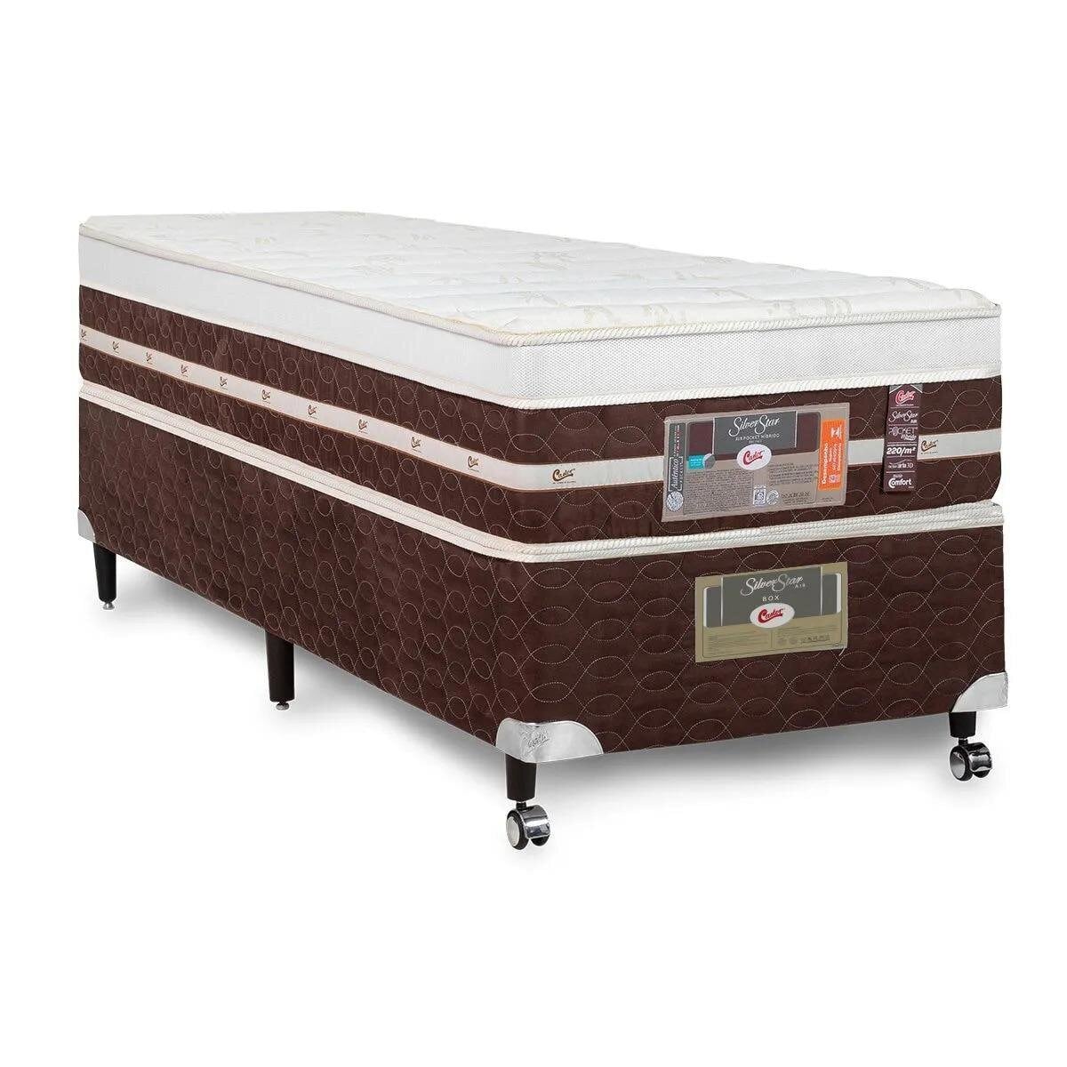 Cama Box Solteiro Castor Silver Star Air One Face Pocket Hibrido 88x188x59 + Box Castor