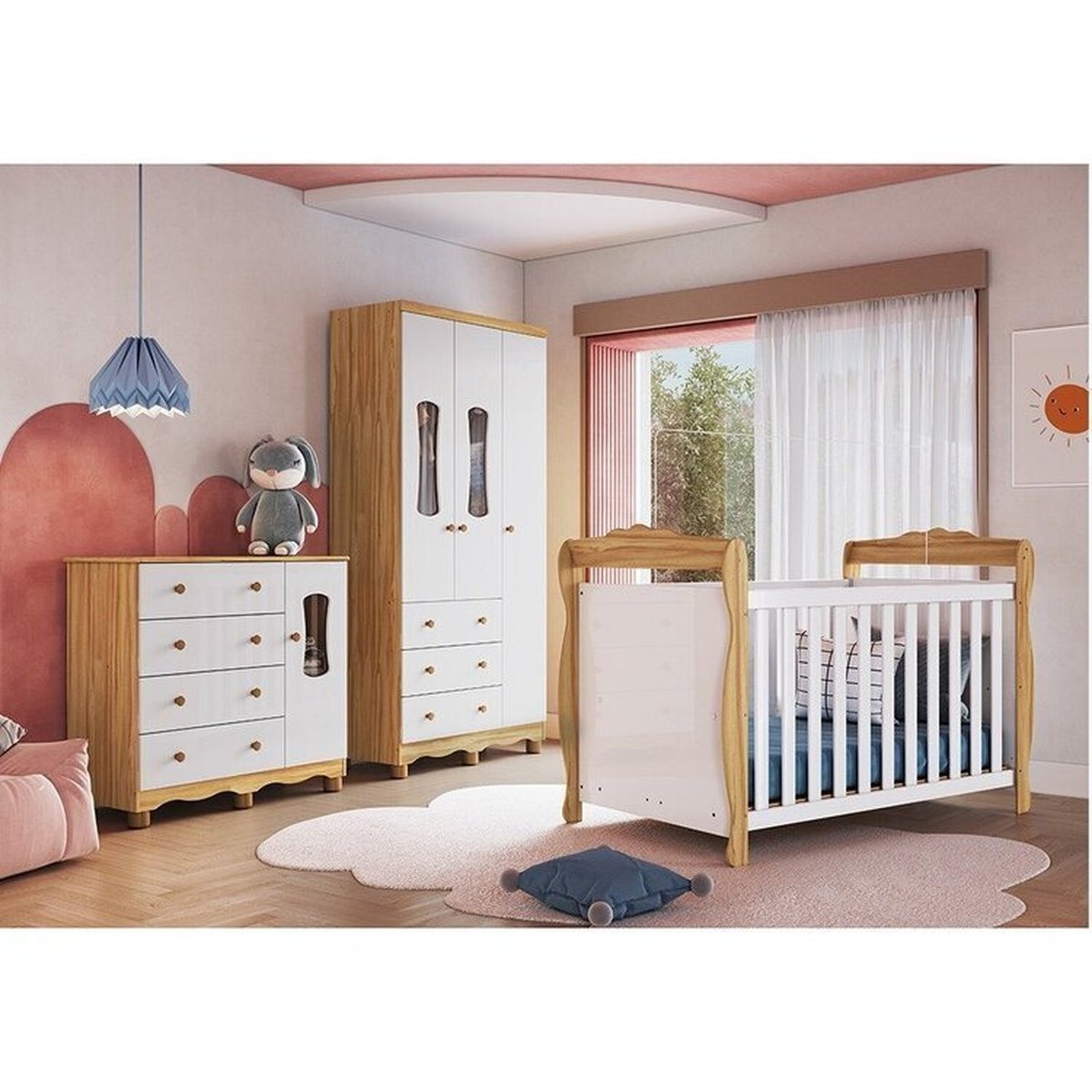 Quarto De Bebê Completo Guarda-roupa Cômoda Com Janelas E Berço 100% Mdf Aurora Espresso Móveis Branco Brilho/amêndoa