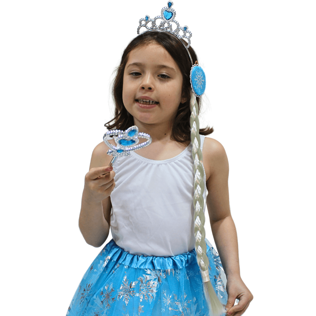 Kit Princesa Do Gelo Saia Azul Com Coroa Trança E Varinha