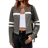 Jaqueta Anrabess De Couro Sintético Com Zíper, Gola Alta, Feminina, Cinza, S