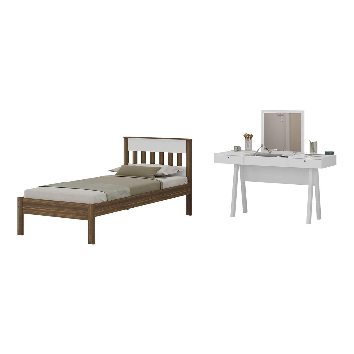 Cama De Solteiro Para Colchão 88 X 188 Cm Com Penteadeira 131,5cm Multimóveis Cr35247 Nogal/branco