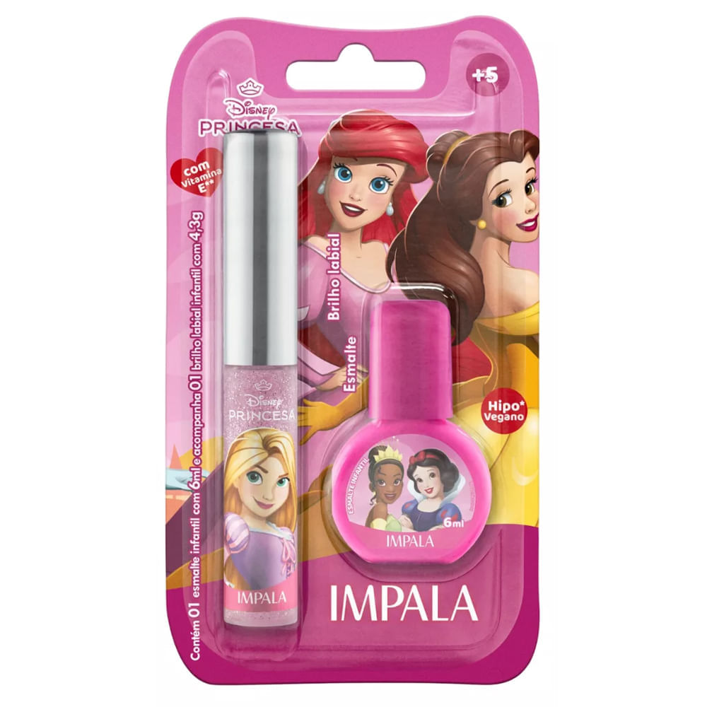 Kit Esmalte E Brilho Labial Infantil Impala Princesas