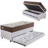 Bicama Box Baú Com Courino Linho Branco 120x203 Com Colchão Relax Adorabile Molas Ensacadas Ecoflex