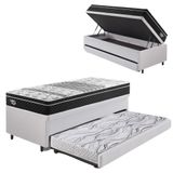 Bicama Box Baú Courino Linho Branco 88x188 Com Colchão Gransleep Molas Verticoil Ecoflex