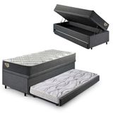 Bicama Box Baú Viúva 120x203 Linho Cinza Com Colchão Adapto Molas Ensacadas Ecoflex