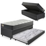 Bicama Box Baú Viúva 120x203 Courino Linho Preto Com Colchão Adapto Molas Ensacadas Ecoflex