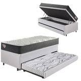 Bicama Box Baú Solteiro Com Colchão Adapto Molas Ensacadas Ecoflex Courino Linho Branco 88x188