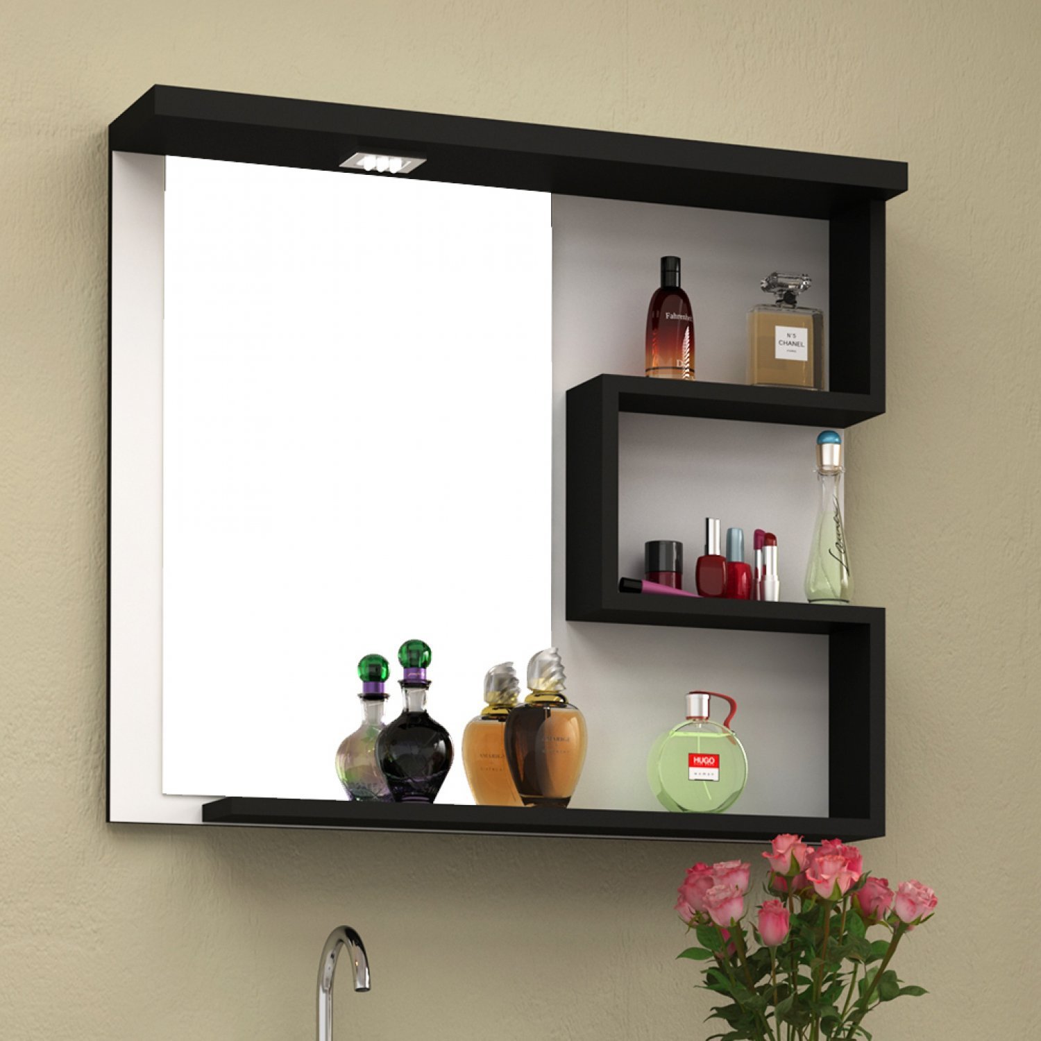 Espelheira Para Banheiro 4 Prateleiras 68cm Com Led Veneza  Branco/preto