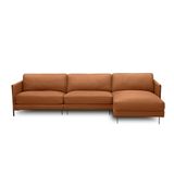 Sofá Decorativo Karine 5 Lugares Sala De Estar 300cm Com Chaise Pés Em Aço Couro Conhaque