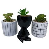 kit decorativo vaso bob preto e vaso de cerâmica cor branca