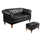 Sofá Dom Pedro Chesterfield 2 Lugares E Puff Captonê Preto