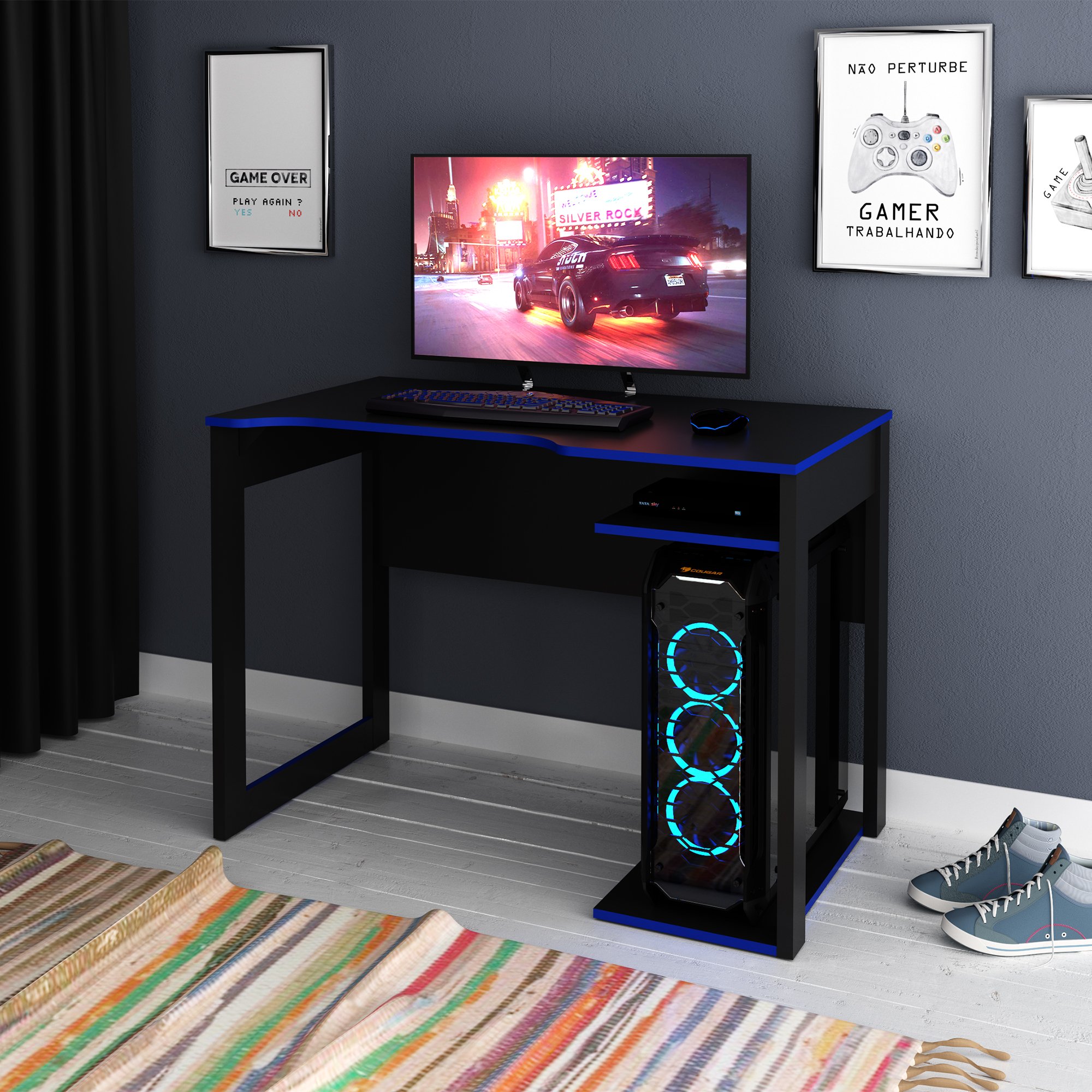 Mesa Gamer Escrivaninha 105cm Tecno Mobili Preto/azul