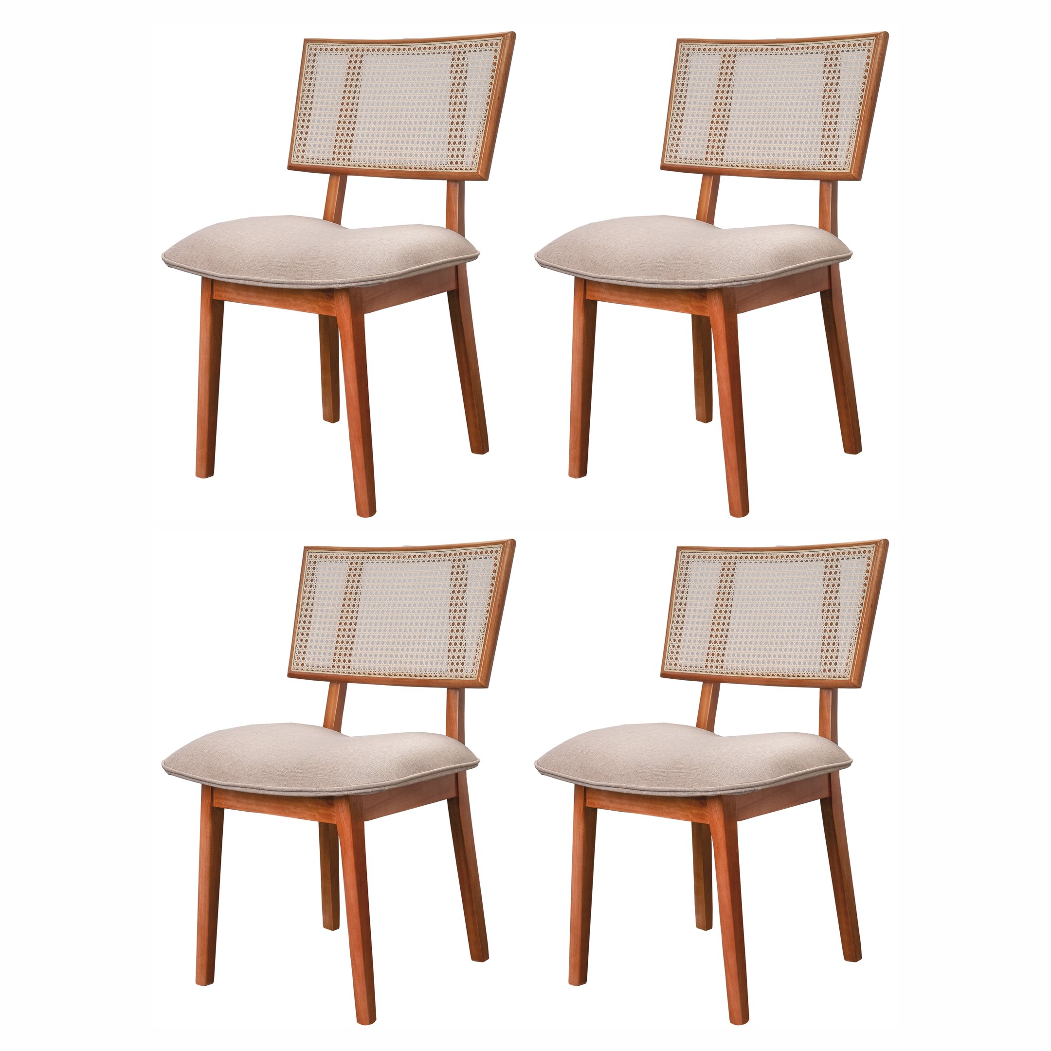 Conjunto Com 4 Cadeiras Madeira Maciça Com Rattan Natural E Estofada 88x57x46cm Livia