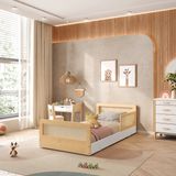 Cama Infantil Solteiro Montessoriano Lift Em Madeira Maciça Com Rattan 1 Grade Casatema Branco/natural