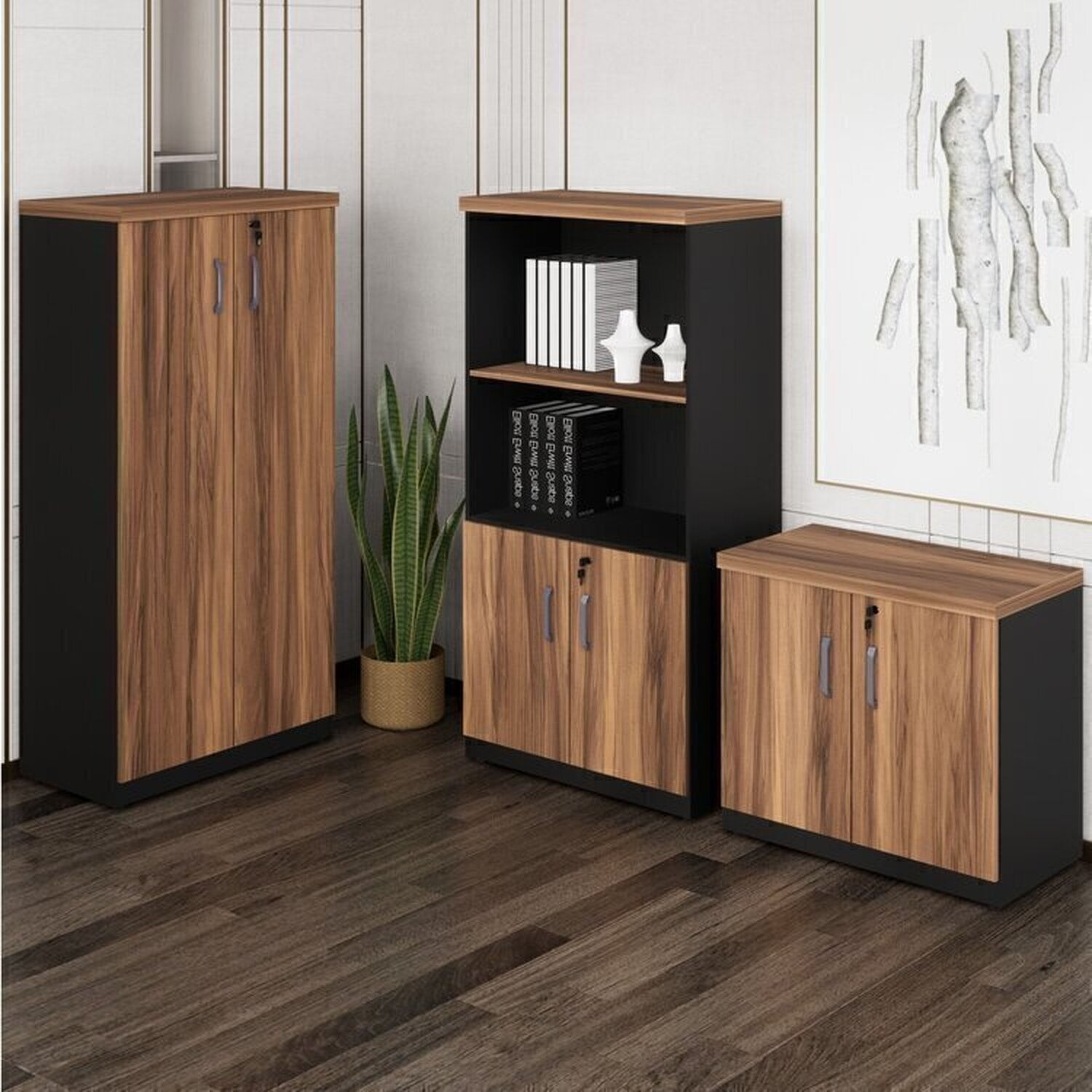 Conjunto Armário Fechado, Armário Estante E Armário Baixo Espresso Móveis Marrom/preto