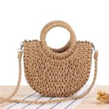 Bolsa Feminina De Palha Artesanal Redonda Com Alça De Mão Transversal Praia Festa Caramelo