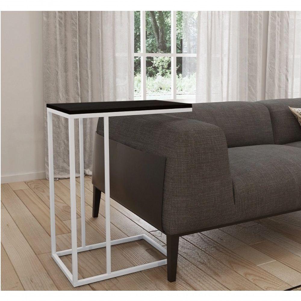 Mesa Lateral De Apoio De Sofa Elena Tampo Preto Base Branco