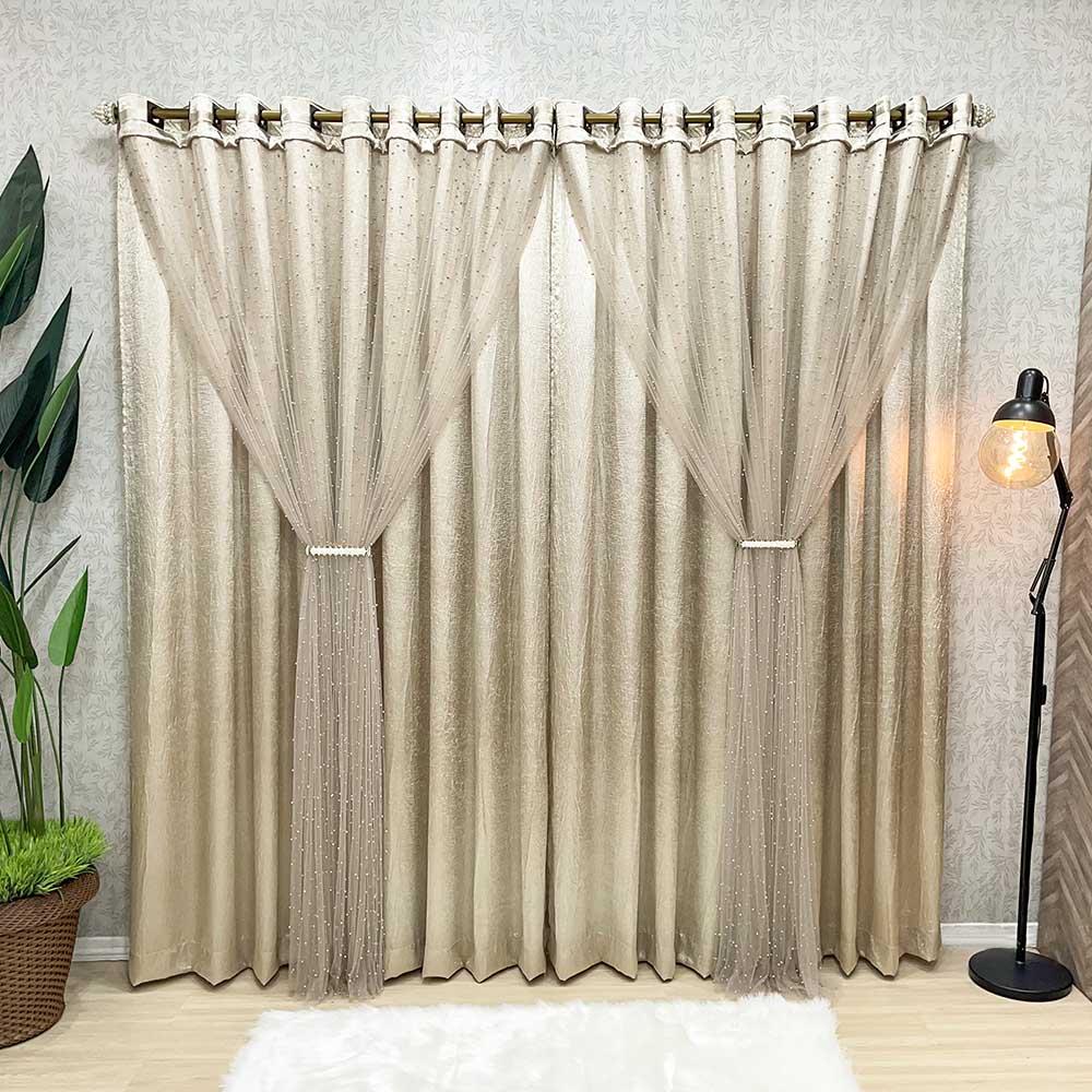 Cortina Aurora Cetim Amassado Tule Pérolas 3,00x2,50m Sala Quarto Varão 3m - Bronze