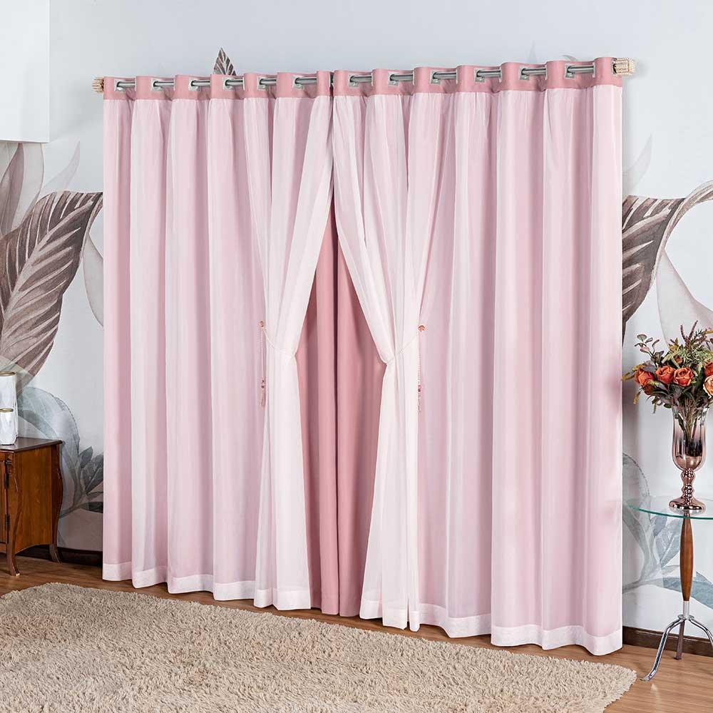 Cortina Idealle Tecido Blackout Voal Premium 3,00x2,50m Corta Luz Luxo Varão 3m - Rosa