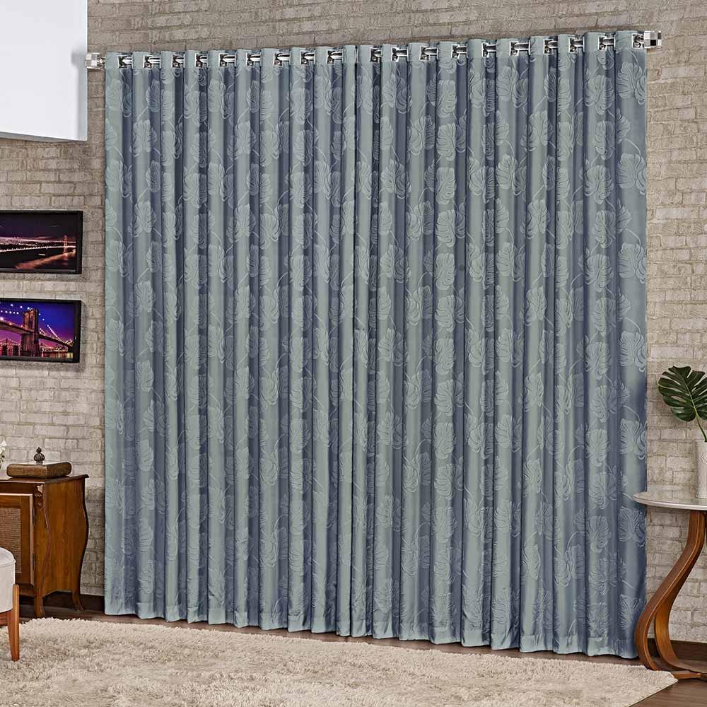 Cortina Elegance Jacquard Relevo Floral 3,00x2,70m Para Sala Quarto Varão 3m - Azul