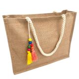 Bolsa De Praia De Palha De Juta Feminina Com Chaveiro Pingente Sacola Ecobag Moda Verão Marrom