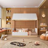 Cama Reversivel Casinha Com Telhado, Led  E Grade Dupla Frontal  New Garden Casatema Branco/natural