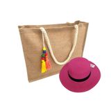 Kit Chapéu Paris E Bolsa Palha Juta Zíper Praia Verão Moda Piscina Rosa