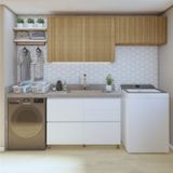 Lavanderia Modulada Com 2 Armários Aéreos E Balcão 100% Mdf Rainha Branco/nature