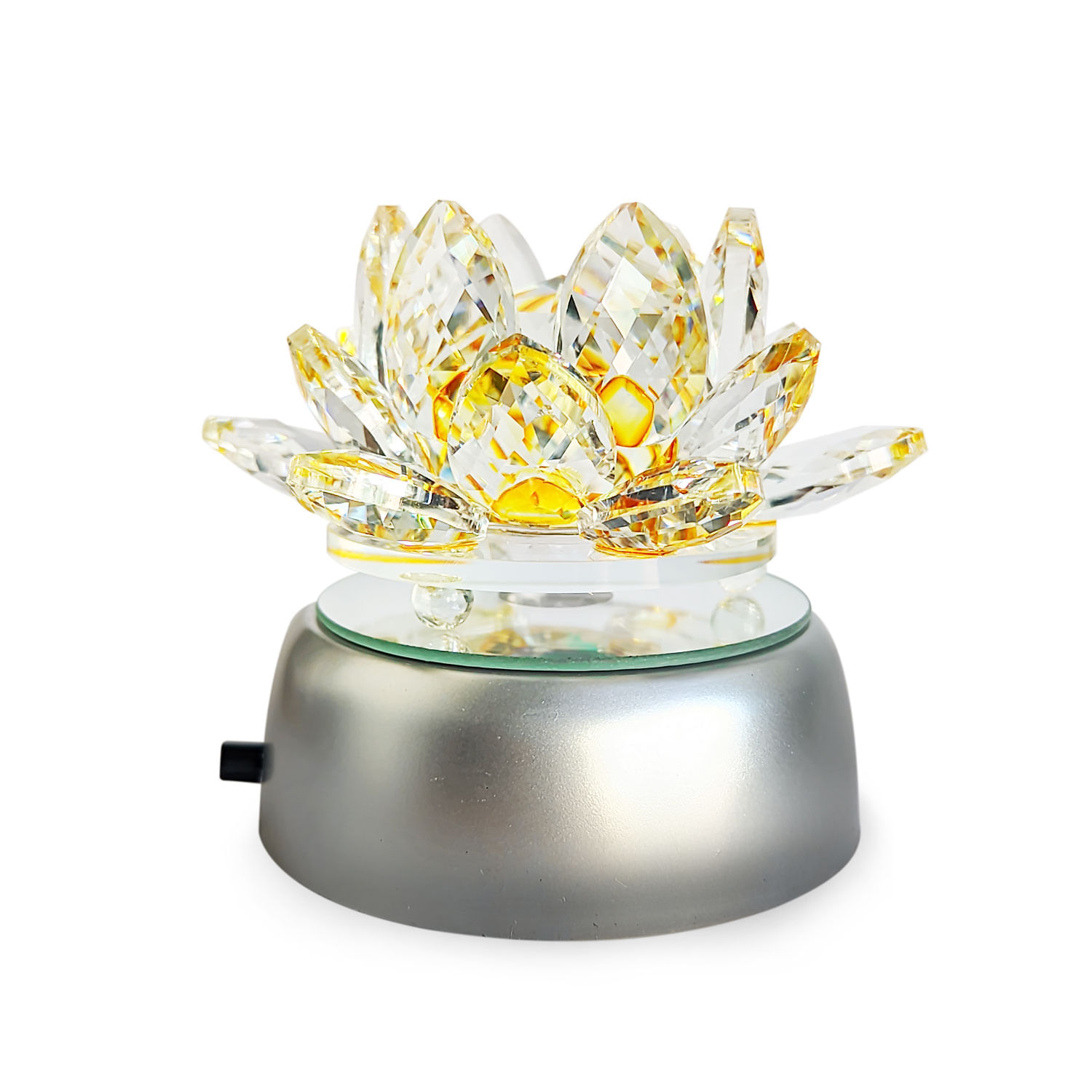 Enfeite Escultura De Vidro Flor De Lotus De 10cm Com Base Espelhada Led Rgb Enfeite De Cristal