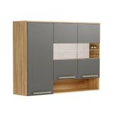 Armário Aéreo De Cozinha 120cm Com 3 Portas Vidro Reflecta E Nicho 100% Mdf Itália Amêndoa/cinza