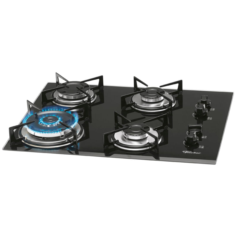 FOGAO COOKTOP FISCHER 4 BOCAS TRIPLA CHAMA A GAS MESA VIDRO PRETO