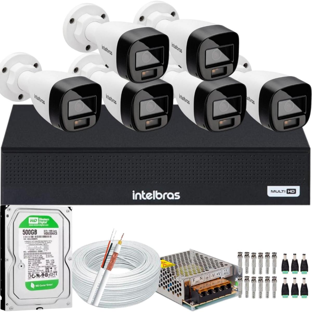 Kit Intelbras 6 Cameras Segurança Vhd 3220b+ Microfone Audio Full Color 1080p Dvr 3008c 500gb