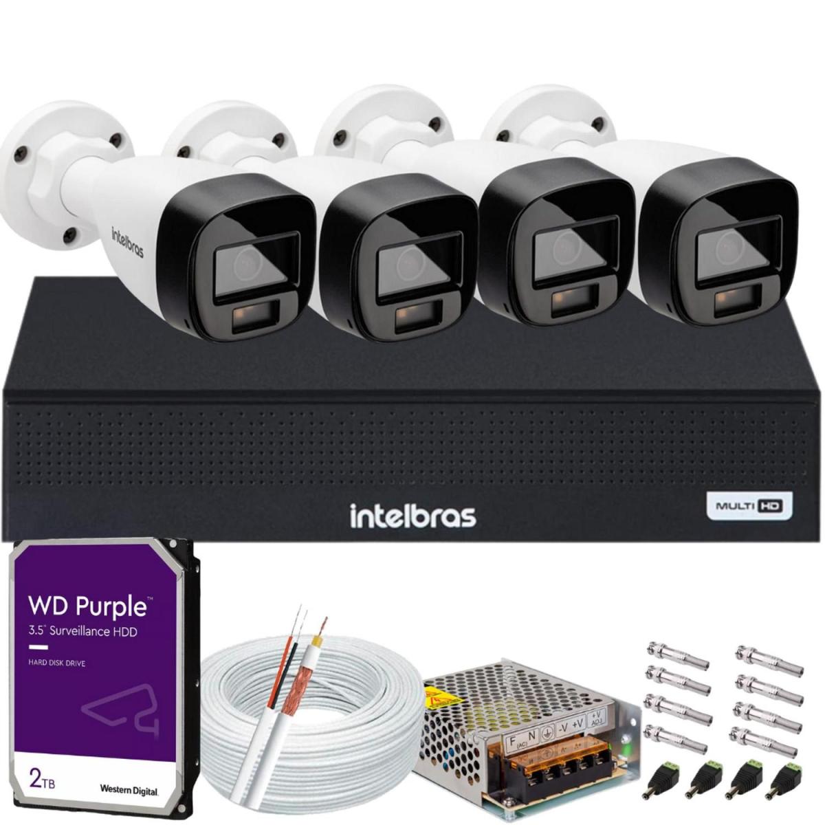 Kit 4 Cameras Segurança Intelbras Vhd 3220b + C/ Audio Full Color 1080p Dvr Mhdx 3004c 2tb Purple