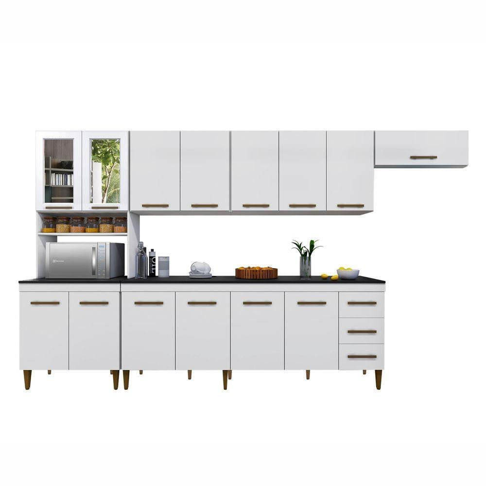 Cozinha Atenas Com Vidro Reflecta 14 Portas 3 Gavetas Kaiki Moveis Branco