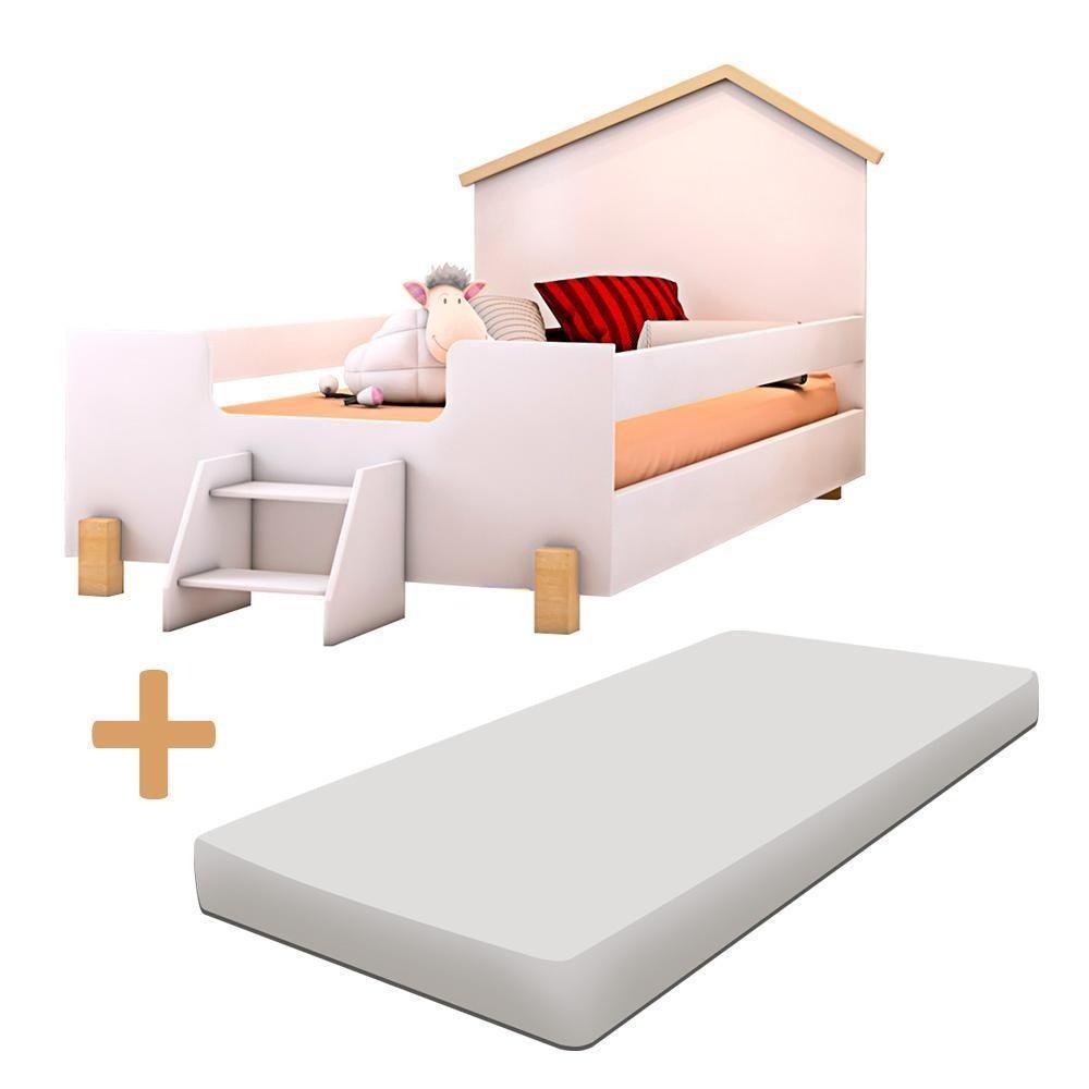 Cama Casinha Montessoriana Infantil Escadinha Colchão Branco