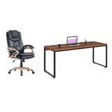 Conjunto De Mesa Kuadra Nogal Com Cadeira De Escritório Presidente Giratória Com Relax Clark Preta E Dourada