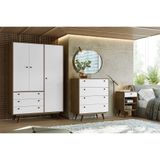 Quarto Solteiro Retrô Plus Com Guarda-roupa 3 Pt 3 Gv Cômoda 4 Gv E Mesa De Cabeceira 1 Gv Carvalho E Branco