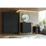 Quarto Solteiro Retrô Plus Com Guarda-roupa 3 Pt 3 Gv Cômoda 4 Gv E Mesa De Cabeceira 1 Gv Preto