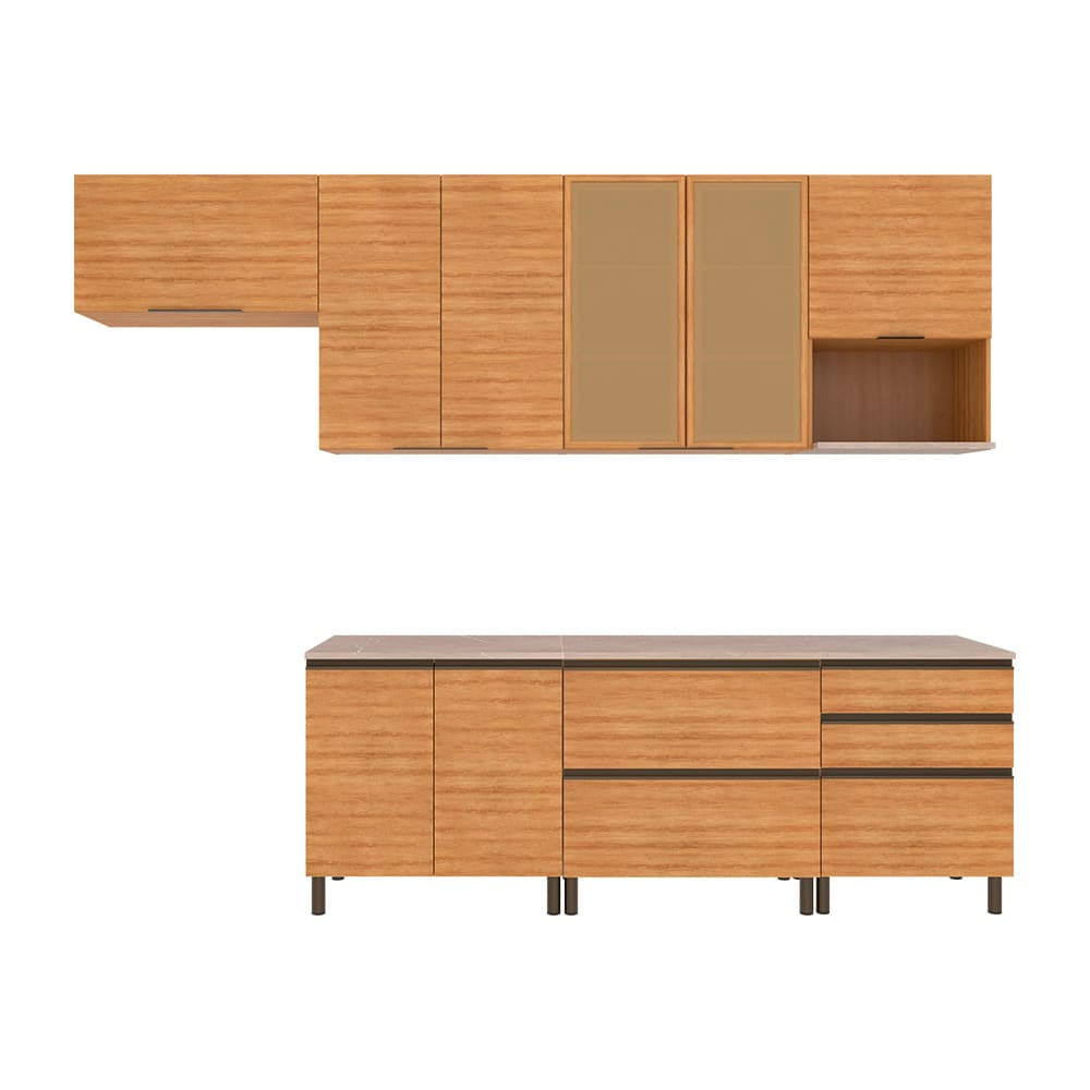 Cozinha Completa Bartira Cristal Com 10 Portas, 5 Gavetas, 9 Prateleiras E Bancada Gourmet - 300cm De Largura