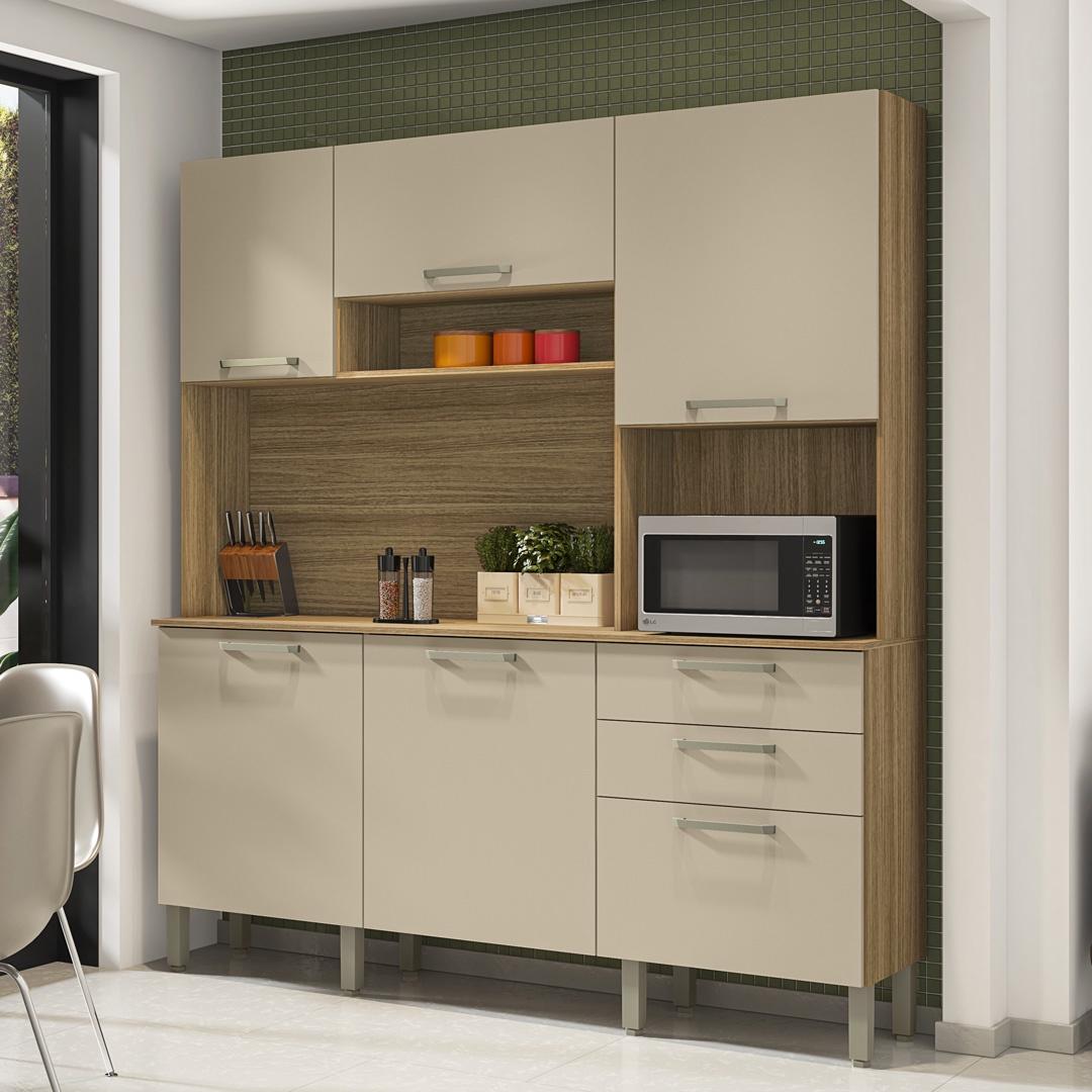 Armario De Cozinha Compacta 6 Portas 2 Gavetas Ferrara - Freijó/vanilla