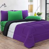 Kit Edredom + Jogo De Lençol Malha 100% Algodão Urbano 5 Peças Solteiro - Roxo-mescla-preto