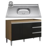 Balcão De Cozinha Com Pia Inox 100cm 3 Gavetas Andréia Amêndoa/preto - Ajl Móveis