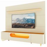 Rack Bancada Nobre Com Painel Para Tv Até 85 Polegadas Com Pés De Vidro E Led Royal Off White/madeirado Gelius