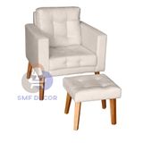 Sofá/poltrona/cadeira Decorativa Glamour Dubai Com Puff E Pés Em Madeira Bege