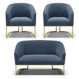 Namoradeira E 2 Poltronas Base Industrial Dourado Stella Suede D03 - D&#39;rossi Cor Azul Marinho