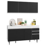 Armário Aéreo Argélia E Balcão Gabinete Para Pia 150cm Com Tampo Branco-preto - Lumil Móveis