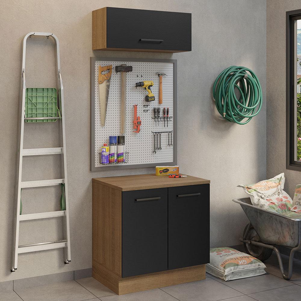 Kit Com Balcão E Armário Aéreo Multiuso 80cm Rustic/preto Agata Madesa