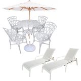 Conjunto Com Mesa Ripada + 4 Cadeiras De Jardim E Piscina + Ombrelone Com Base Branco