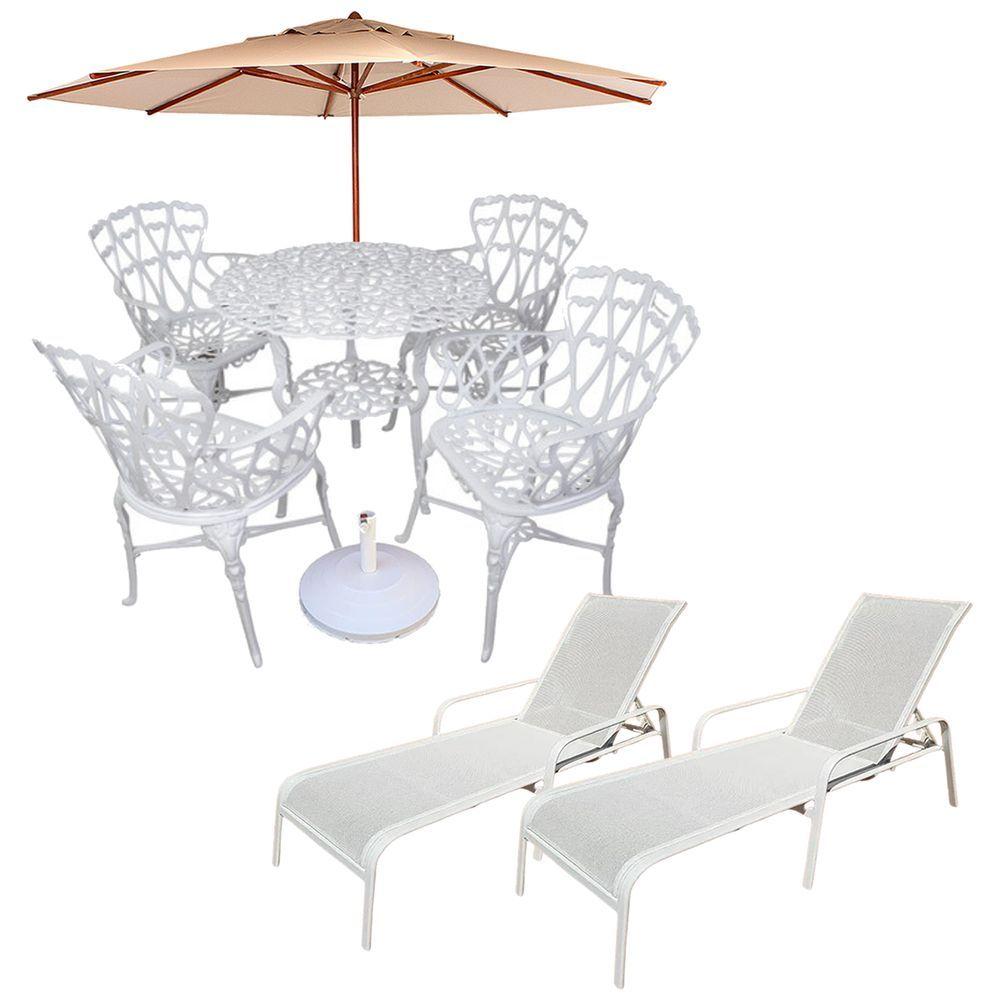 Conjunto Com Mesa Ripada + 4 Cadeiras De Jardim E Piscina + Ombrelone Com Base Bege